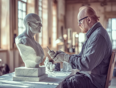 A man with a prosthetic leg is focused on sculpting a bust in a well-lit art studio. The workspace is filled with art tools and creative energy.の素材