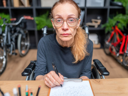In a bright focuses setting a woman in a wheelchair on writing notes at a table surrounded by various writing tools and bicycles in the background.の素材