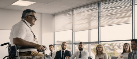 Businessman in wheelchair speaks to a group of professionals in a bright office sharing valuable insights and experiences during a meeting.の素材