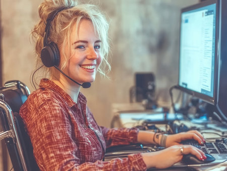 A woman in a wheelchair is smiling while working on customer support at her computer. She is wearing a headset and focused on her tasks.の素材