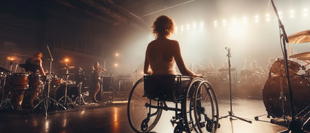 A music band plays live on stage with a wheelchair user enjoying the performance. The venue is filled with lights and a lively atmosphere as the audience engages.の素材