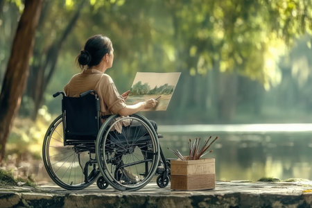 A woman in a wheelchair creates a beautiful watercolor painting in a peaceful lakeside setting enjoying the warm glow of the afternoon sun.の素材