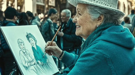 Artist in wheelchair skillfully draws caricatures of visitors in a bustling park showcasing her talent while surrounded by an attentive audience on a warm afternoon.の素材
