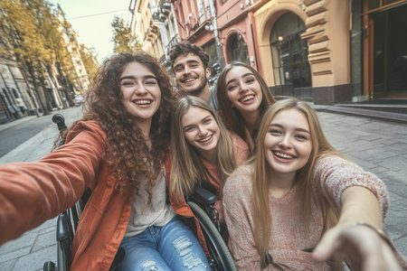 A group of five friends poses happily on a city street capturing a moment of joy. The setting features beautiful buildings showing friendship and unity.の素材