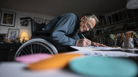 An elderly man in a wheelchair is deeply engaged in drawing with colored pencils at a table in a warm inviting room. Art materials surround him creating a creative atmosphere.の素材