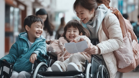 Two children smiling and laughing alongside a wheelchair user as their caregiver looks at a map in a lively urban setting filled with people.の素材
