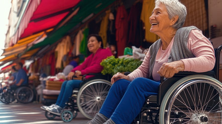 A cheerful family shops at a lively market with a happy elderly woman in a wheelchair. Colorful stalls surround them adding to the joyful atmosphere of the day.の素材