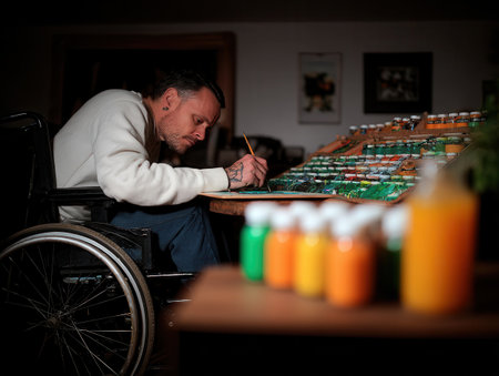An artist with tattoos works diligently in a wheelchair mixing bright colors on a palette in a cozy studio filled with artistic supplies.の素材