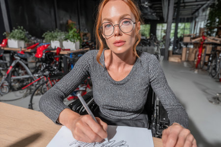 A female manager in a wheelchair is intently signing documents at a table in a bright contemporary workspace filled with bicycles and greenery.の素材