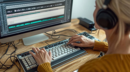 A wheelchair user is engaged in music composition in a home studio setting concentrating on editing and arranging tracks on a computer while wearing headphones.の素材
