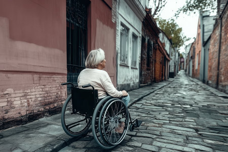 A tourist in a wheelchair is enjoying the sights along a charming cobblestone alley in an old town surrounded by quaint buildings and a peaceful atmosphere.の素材
