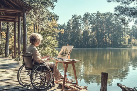 A woman in a wheelchair paints beautiful watercolor landscapes by a calm lake. The sun shines and trees provide a natural backdrop for her artistic expression.の素材