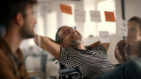 Team members share ideas in a bright office space with one individual in a wheelchair smiling and participating actively in the conversation during a brainstorming session.の素材