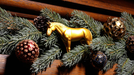 Decorative pine branches hold shiny red and gold ornaments featuring a gold horse creating a vibrant centerpiece for holiday cheer and celebration.の素材