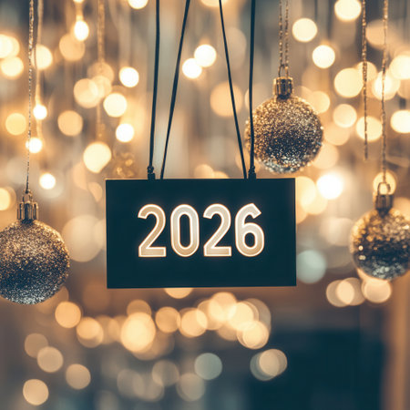 A sparkling background showcases a 2026 sign along with shiny ornaments setting a joyful mood for New Year celebrations and festivities.の素材