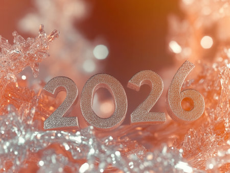 Frosty glass numbers 2026 shine amidst sparkling snowflakes creating a magical winter scene that captures the essence of New Year celebrations and joyful beginnings.の素材