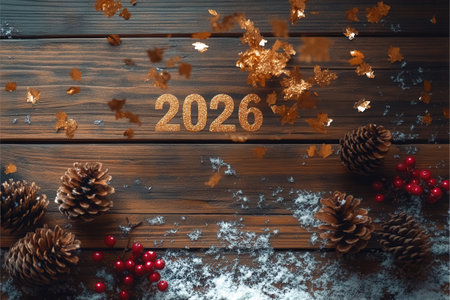 rustic wooden table is adorned with golden leaves pine cones and red berries creating a warm and inviting atmosphere for the New Year 2026 celebration.の素材