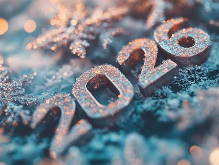 Snowflakes cover the surface with a frosted glass texture showing the sparkling digits of the year 2026 creating a festive New Year ambiance in winter.の素材