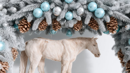 This creative features display frosted pine branches adorned with silver ornaments and blue accents complemented by a graceful white horse standing beneath the frame.の素材