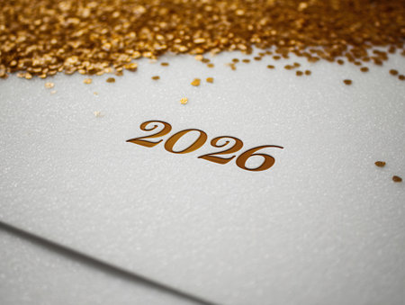 Minimalistic scene of pure white snow scattered with golden confetti highlighting the arrival of 2026 amidst a tranquil winter atmosphere.の素材