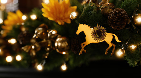 A stunning arrangement featuring sparkling fairy lights and golden ribbons adds an enchanting touch to any celebration enhancing the festive spirit of the occasion.の素材