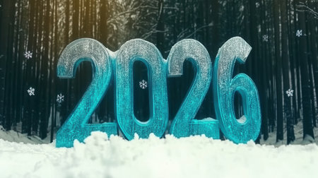 serene pine forest blanketed in fresh snow showcases the year 2026 in sparkling numbers capturing the essence of New Year festivities in a peaceful winter setting.の素材