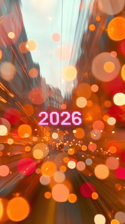 Colorful bokeh lights fill the city streets celebrating the arrival of 2026. The sparkling illumination creates a festive and cheerful vibe for the New Year celebration.の素材