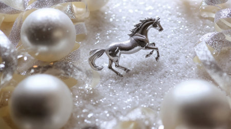 White ornaments and shimmering silver ribbons create a festive Christmas frame highlighting a decorative silver horse figure amid fluffy white snow.の素材