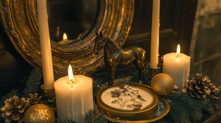Candlelight flickers on a decorative arrangement featuring golden ornaments pine cones and a horse statue evoking a cozy and festive ambiance during winter evenings.の素材
