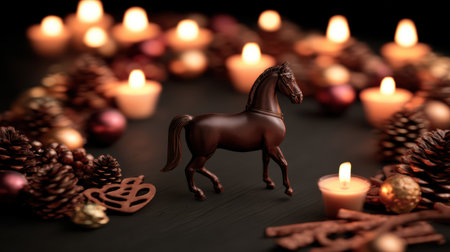 brown horse figurine stands at the center of a beautifully arranged setup with glowing candles pine cones and shiny golden ornaments creating a cozy ambiance.の素材