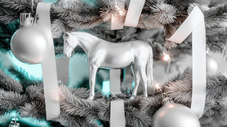Silver ribbons create a beautiful frame holding a white horse ornament. The decoration sits on a Christmas tree accompanied by sparkling lights and festive ornaments.の素材