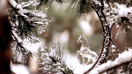 Snow-dusted pine branches create a natural frame around a stunning silver unicorn ornament capturing the quiet beauty of winter in a peaceful forest setting.の素材