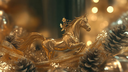 A festive Christmas border showcases glowing fairy lights a shiny golden horse and pine cones. The arrangement brings warmth and cheer perfect for the holiday season.の素材