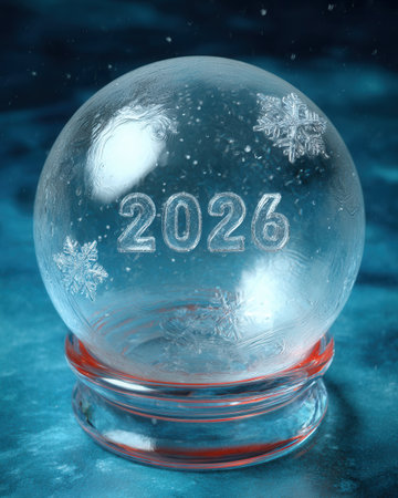 Close view of a frosted glass snow globe displaying the year 2026 and decorative snowflakes set against a tranquil blue background symbolizing New Year festivities.の素材