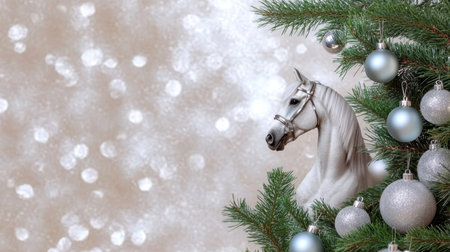 A beautiful decoration features a horse head among pale blue and silver ornaments nestled within a green tree creating a magical holiday atmosphere.の素材