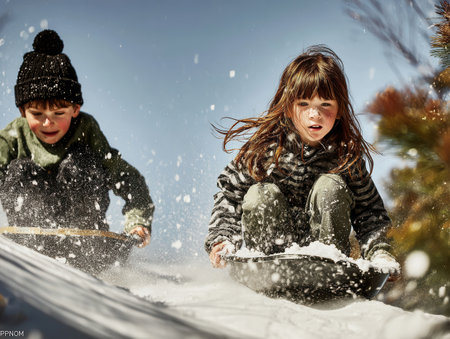 Two siblings slide down a snowy slope on sleds surrounded by trees and bright blue sky laughing and enjoying the thrill of winter fun together.の素材
