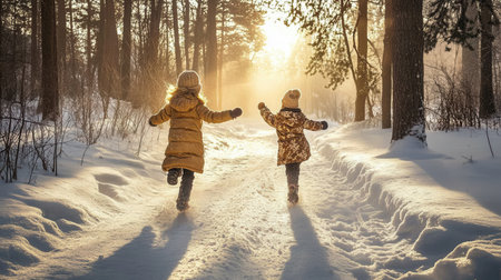 Two children are playing in a snowy forest with one child running after the other while holding a snowball. The sun shines through the trees creating a magical atmosphere.の素材