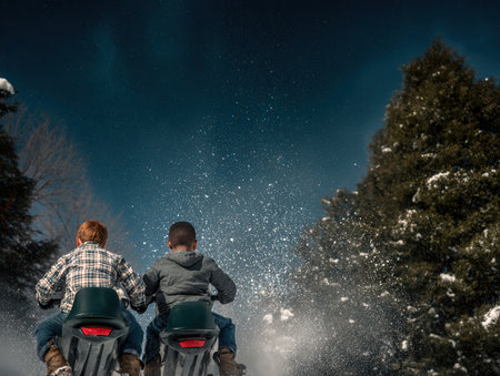 Children ride a sled down a snowy hill surrounded by trees capturing the joy of winter play on a sunny day with snow flying around them.の素材