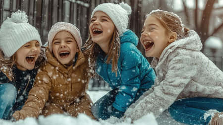 A group of children is happily rolling down a snowy hill laughing and enjoying the winter weather together. They are wearing cozy jackets and hats.の素材