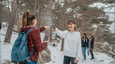 Friends are joyfully throwing snowballs at each other while playing in a snowy area filled with trees and a light snowfall in a winter wonderlandの素材