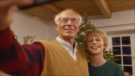 Two family members share a happy moment while taking a selfie near a decorated Christmas tree in a warm inviting living space.の素材