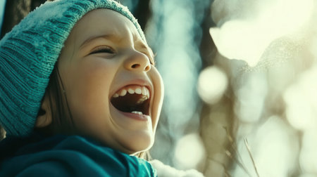 Bright sunlight shines on a child with a big smile laughing happily while enjoying winter outdoors with trees softly blurred in the background.の素材