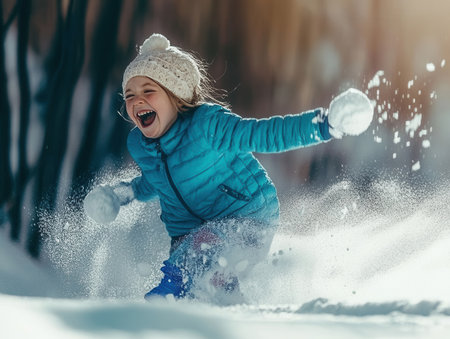 A child runs through deep snow laughing and throwing a snowball into the air surrounded by trees on a bright winter day.の素材