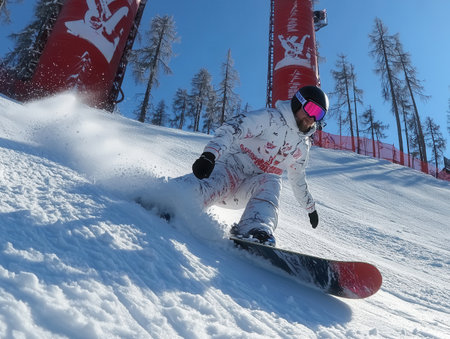 Snowboarder executes a stylish grind on a snowy rail surrounded by tall trees and bright sunlight showing casing skills in a winter sports environment.の素材
