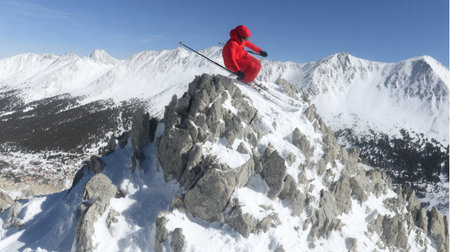 A skier in a bright red outfit glides down a rocky mountain slope covered in snow surrounded by stunning peaks under a clear sky. The scene captures winter sports excitement.の素材