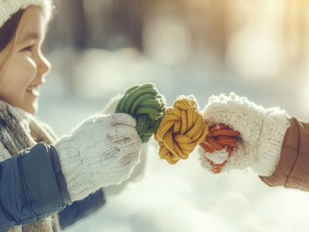 Two pairs of children's gloves hold colorful ropes tightly as they share a fun moment on a snowy day showcasing play and connection amidst winter scenery.の素材