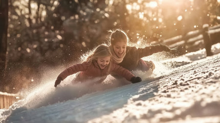 Two children slide down an icy hill laughing and enjoying the crisp winter day filled with sunshine and snowflakes in a picturesque setting.の素材