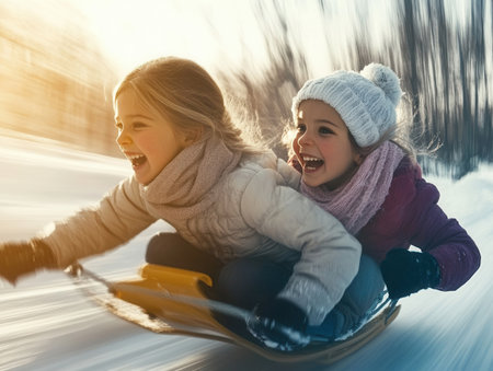 Joyful children run down a snowy hill with sleds laughing and sharing the excitement on a bright winter day surrounded by trees.の素材