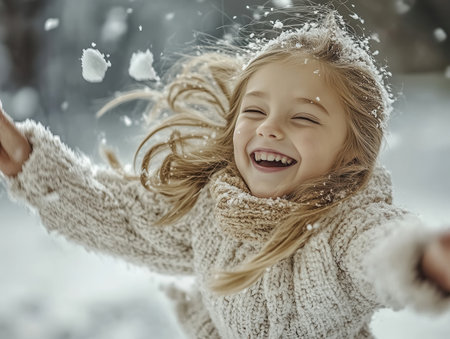 Child with long hair laughs while throwing a snowball during a fun outing in a snowy park surrounded by white snow and chilly winter air.の素材