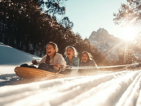 Friends laugh and pull sleds uphill together in a snowy area enjoying the winter sunshine and the scenic mountain backdrop.の素材